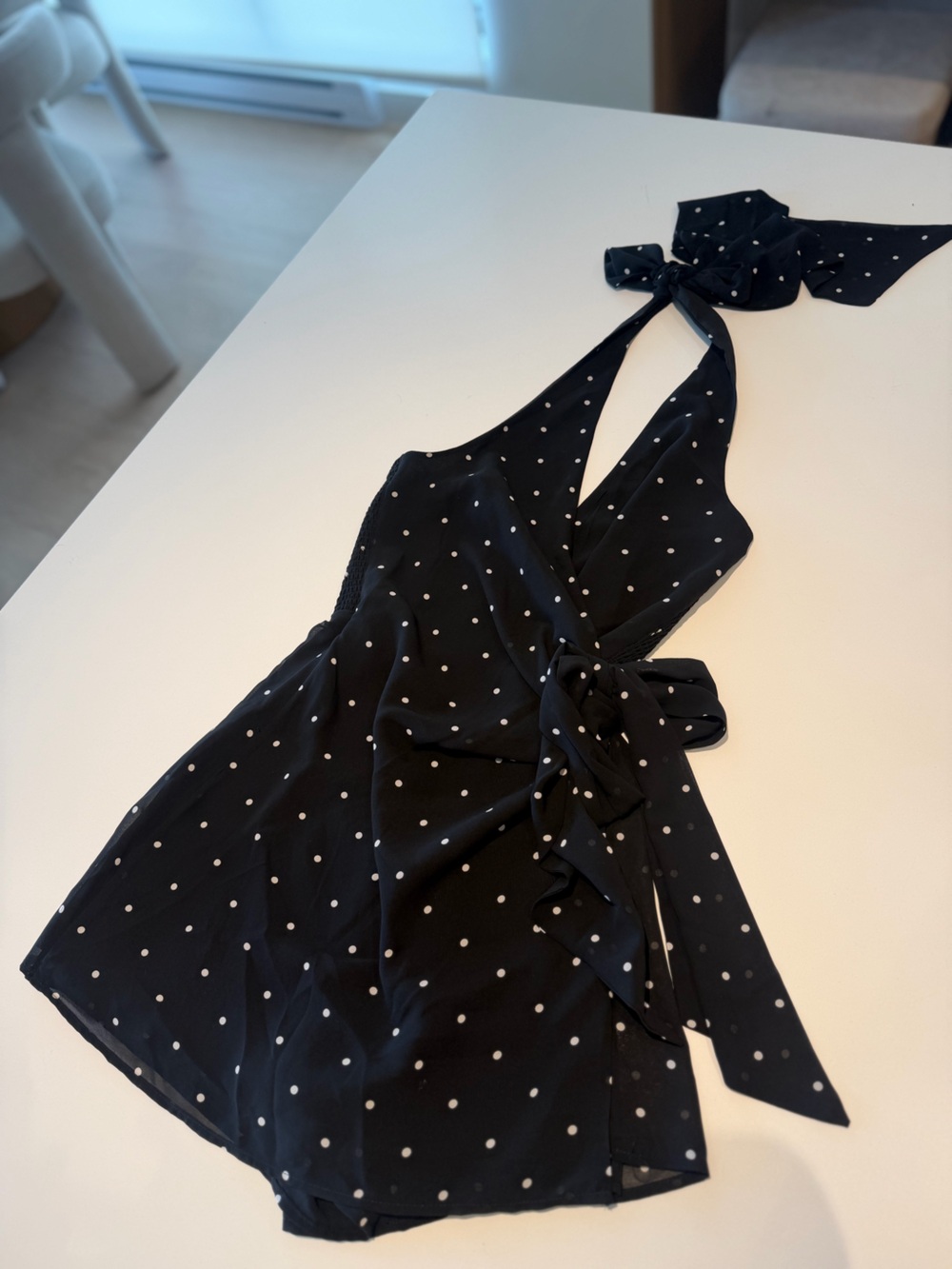 Dynamite Black and White Polka Dot One-Piece with Tie Detail romper